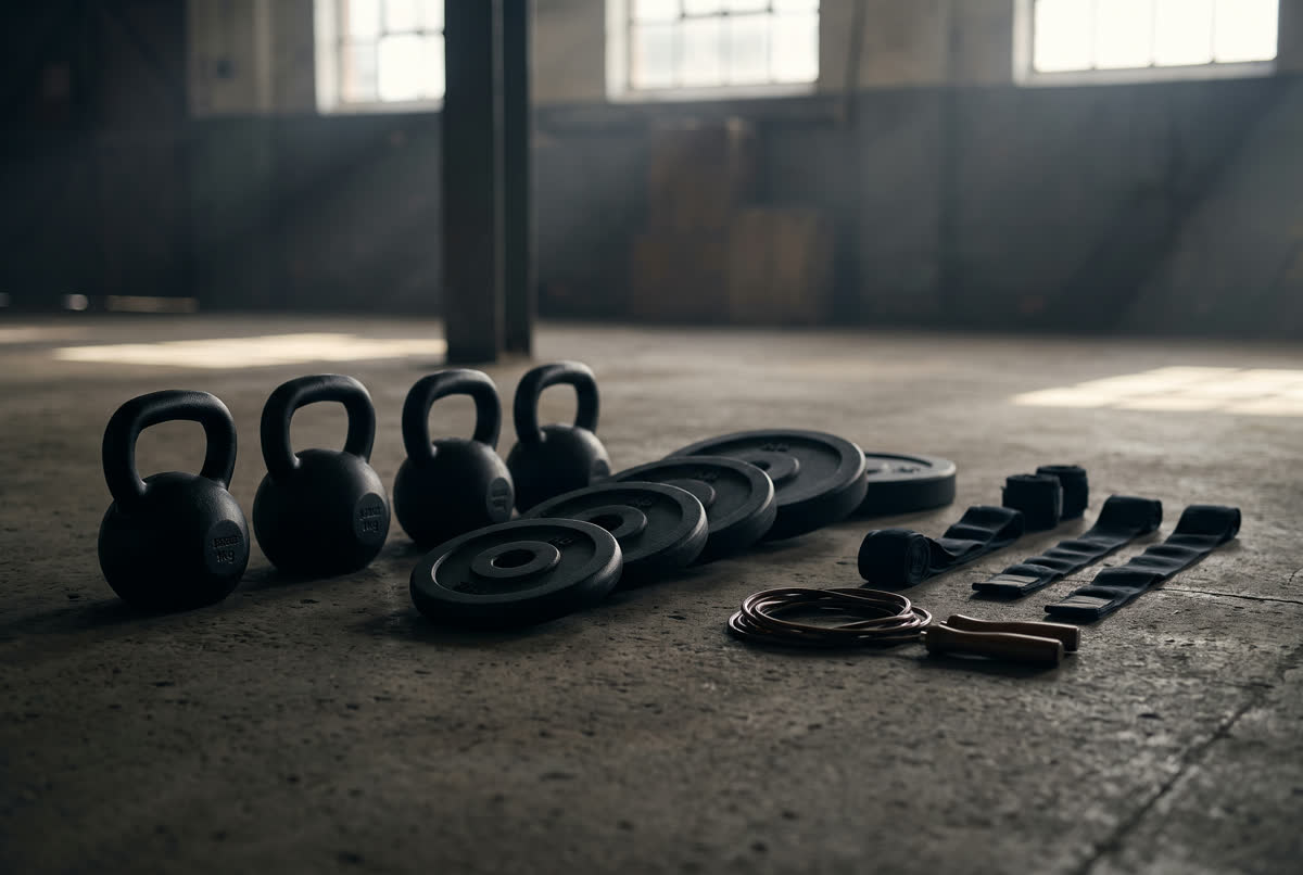 Kettlebells, weight plates and training gear arranged on a gym floor