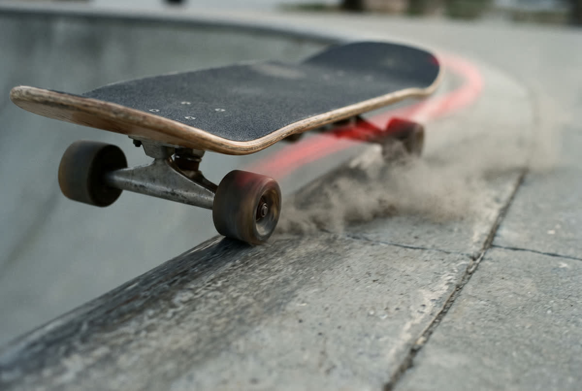 Skateboard grinding along a concrete ramp edge